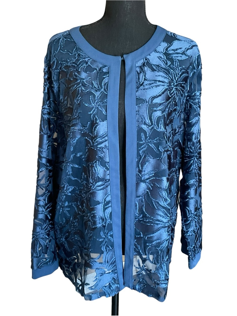 Chico’s Easywear Blue Burnout Floral Mesh Open Front Cardigan Size 3 XL NWT